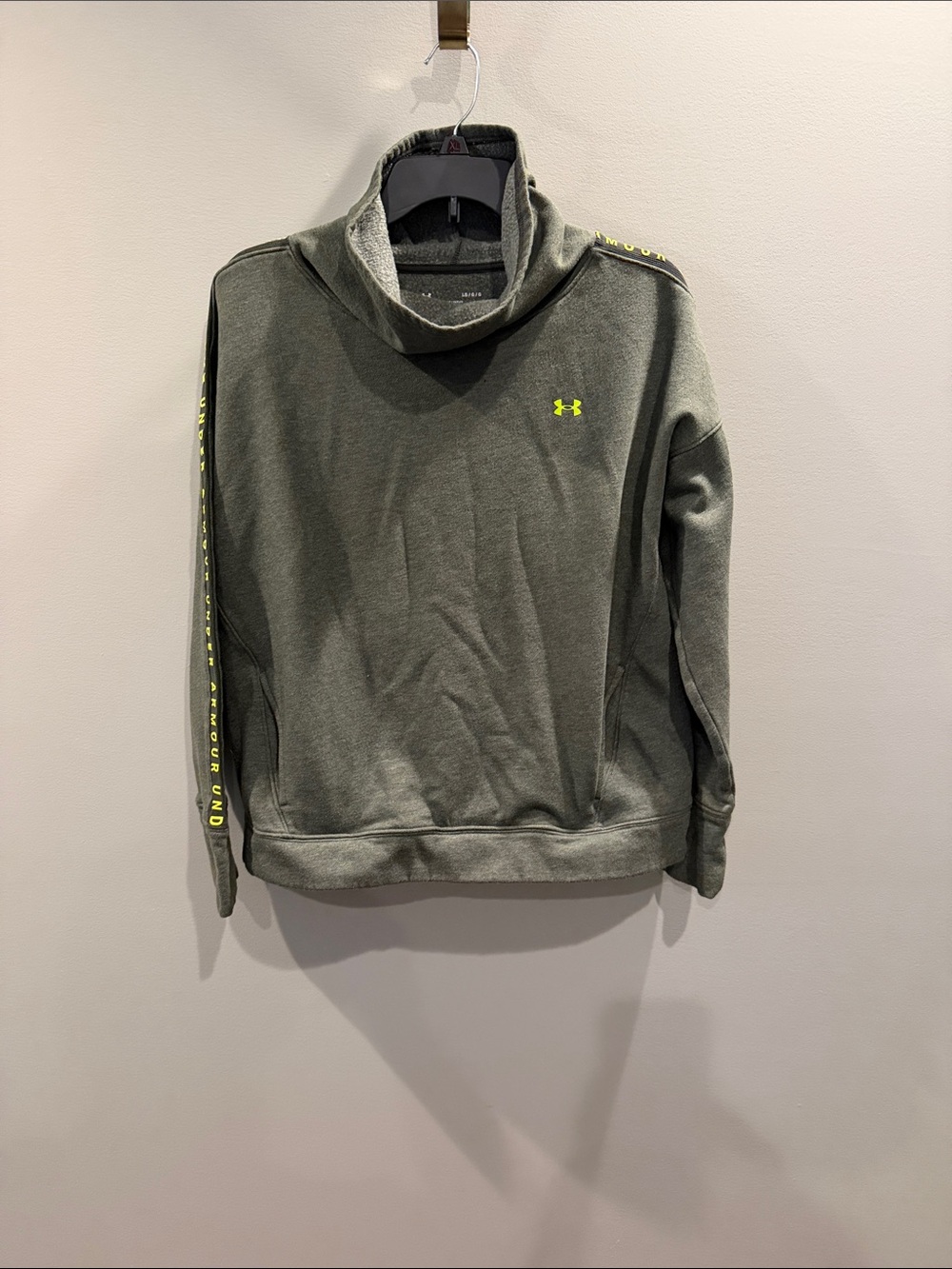 Under Armour Olive Green Funnel Neck Pullover with Neon Yellow Accents